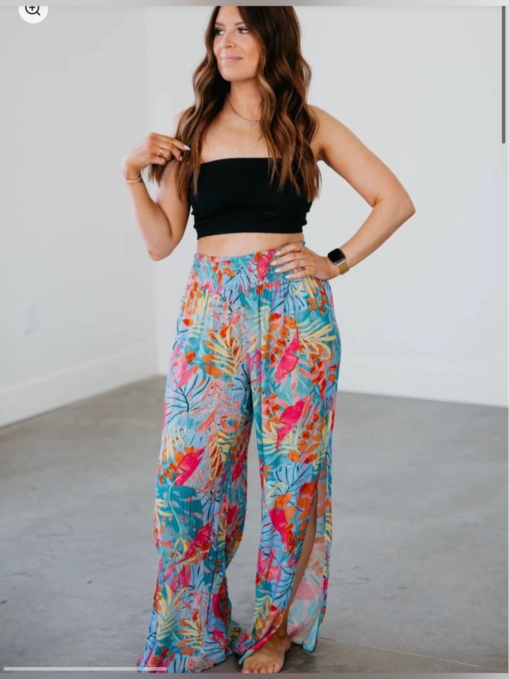 Women’s Teal Tropical Print Wide-Leg Pants